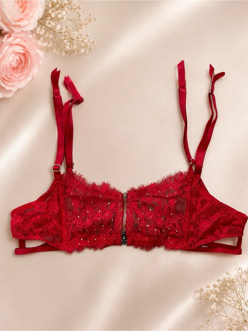 Victoria's Secret Red Lace Rhinestone Garter Belt Clasps & Zipper Size Med Large